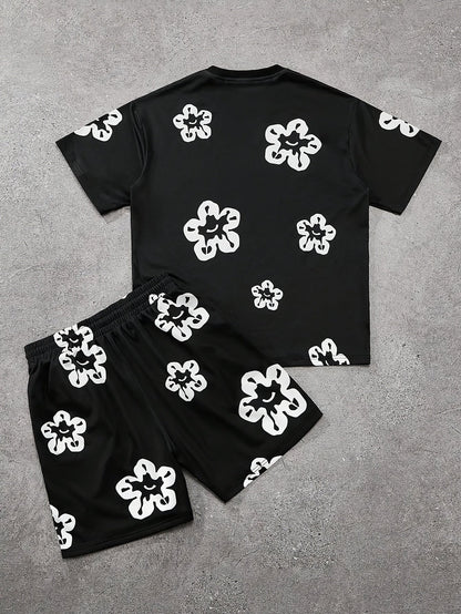 Herren Casual Set mit Blumenmuster – Freizeit Outfit mit T-Shirt und Shorts