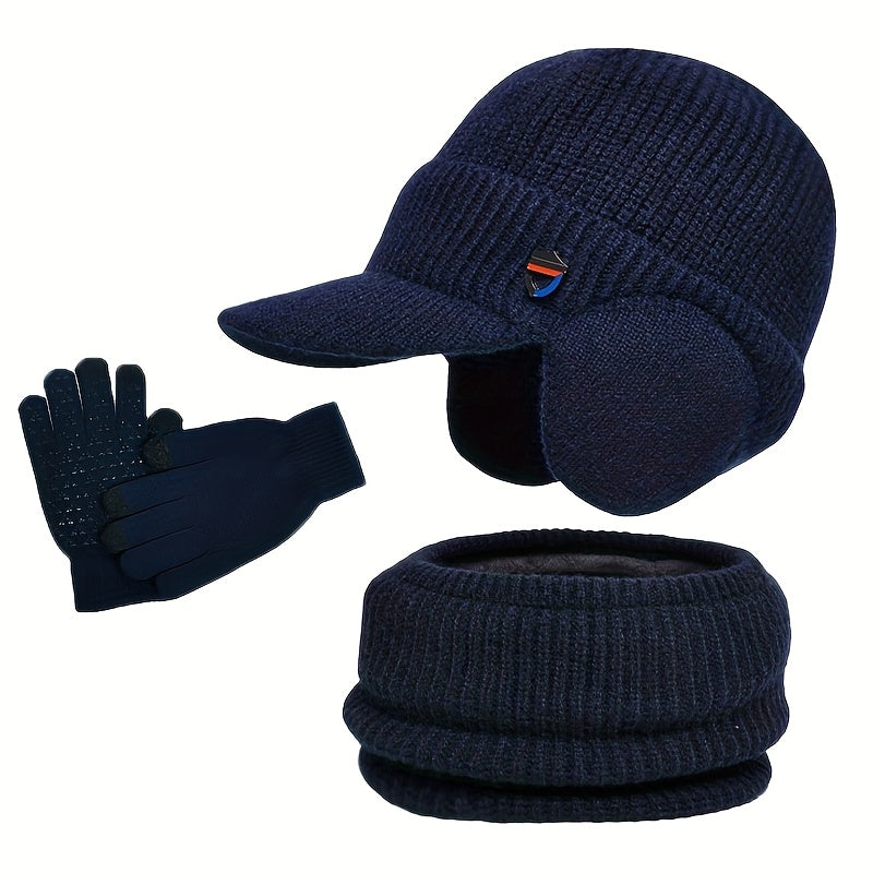 Unisex Winter Set Strickmütze mit Visier und Ohrenklappen, Rundschal und Handschuhe