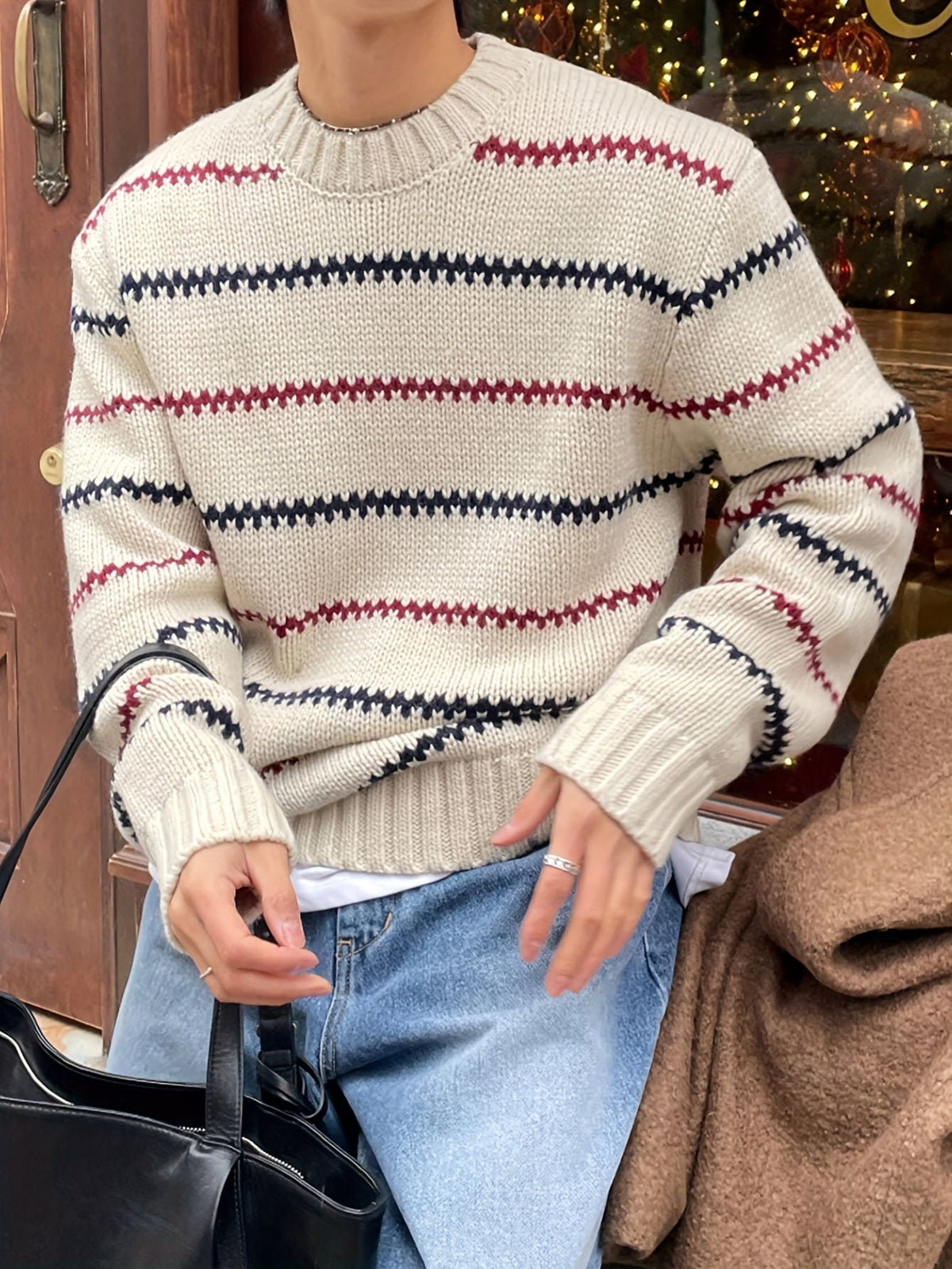 Pullover Herren Strickpullover Rundhals Mehrfarbige Streifen Beige