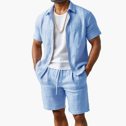 Herren Leinen-Look Strand Outfit Set – Kurzarm Hemd & Shorts, Lässig Sommer Boho