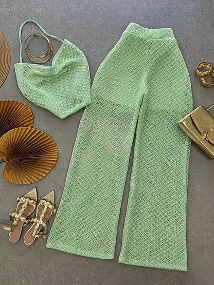 Damen Set Elegantes Häkel-Outfit mit Top und weiter Hose – Stilvolles Strand- & Urlaubsensemble