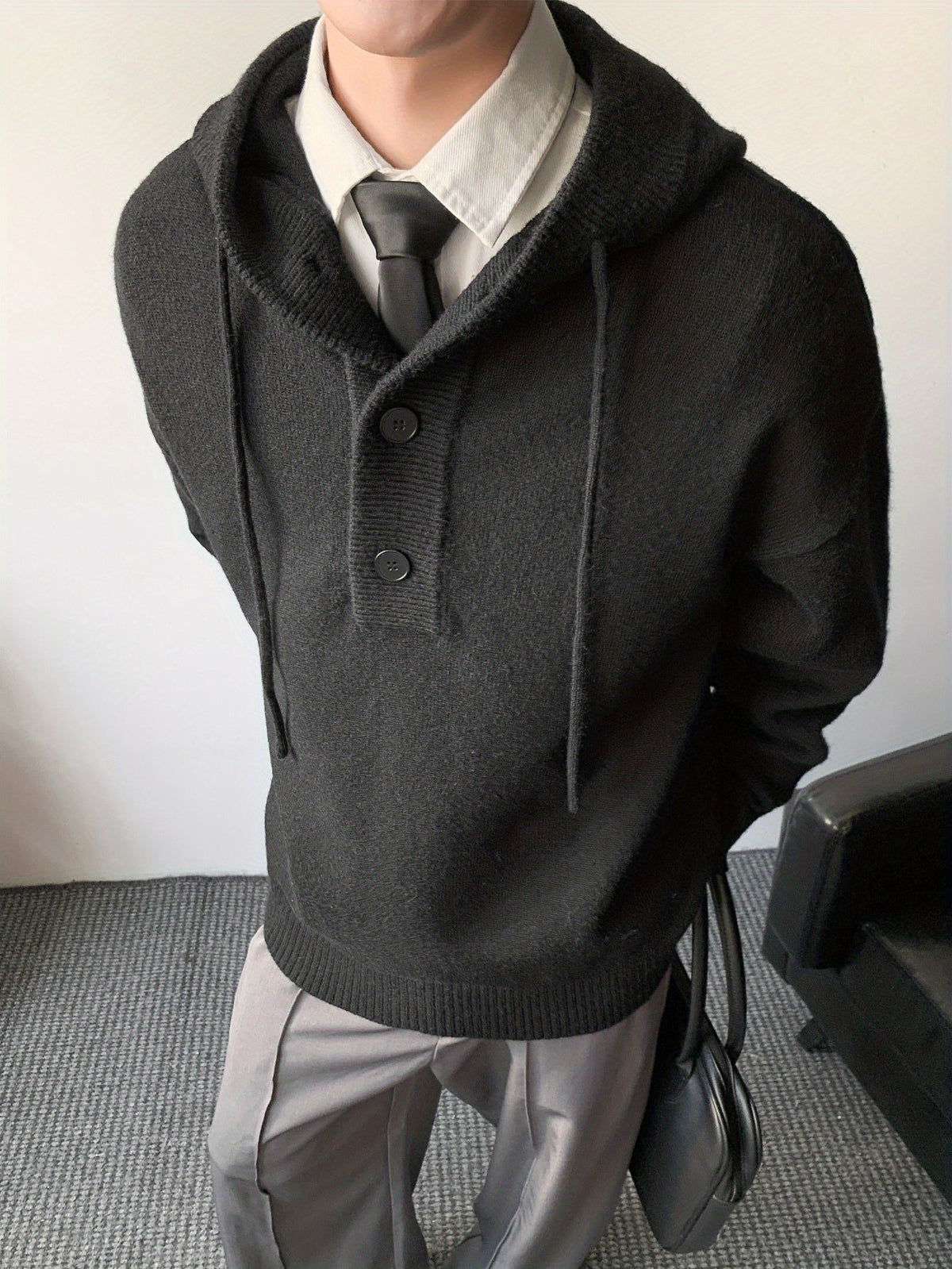 Herren Strick Hoodie Dunkelgrau mit Knopfleiste