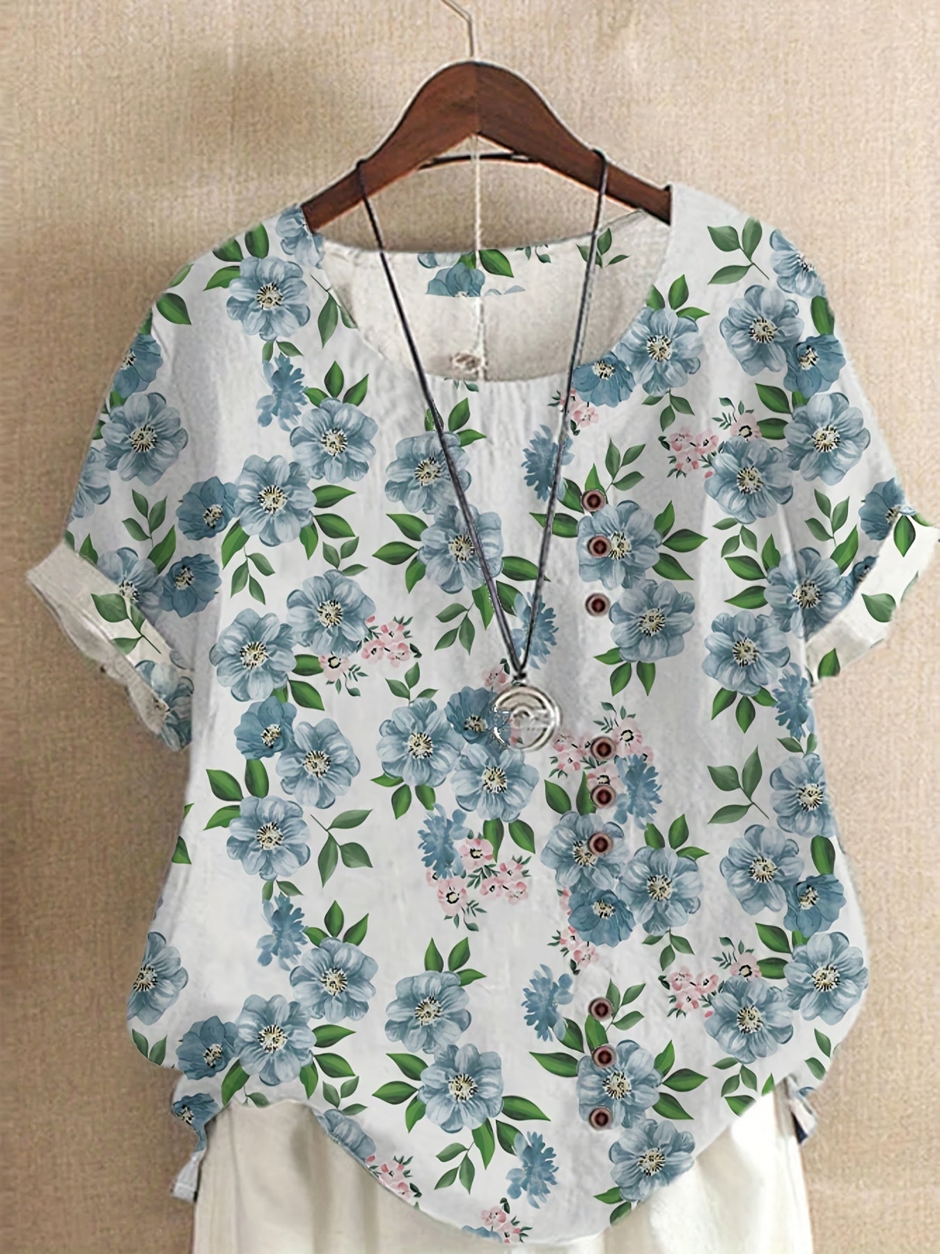 Damen Vintage Bluse mit Blumenmuster und Knopfleiste – Sommer Freizeit Oberteil