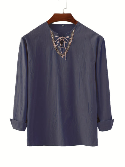 Herren Vintage Tunika mit Schnürung und geometrischem Muster – Boho Style Langarm Shirt