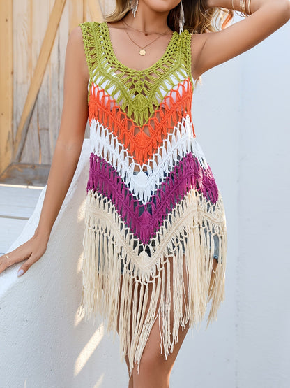 Damen Boho Häkel Strandponcho mit Fransen – Leichtes Überwurf Top für Urlaub und Strand