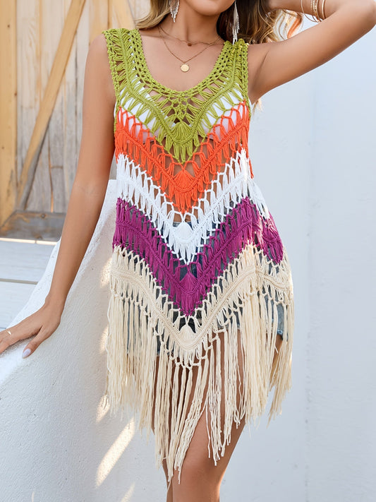 Damen Boho Häkel Strandponcho mit Fransen – Leichtes Überwurf Top für Urlaub und Strand