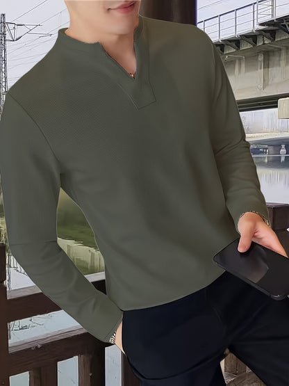 Herren Langarmshirt Henley Kragen Gerippt Weiß Freizeitshirt