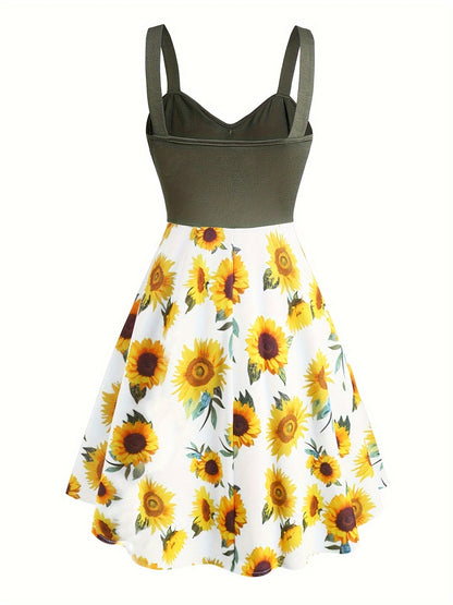 Damen Vintage Sommerkleid mit Sonnenblumenmuster und Knopfleiste – Ideal für Freizeit und Urlaub