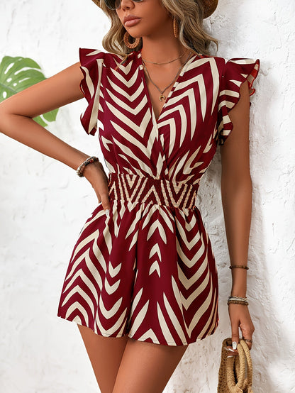 Damen Sommer Playsuit Elegant mit V-Ausschnitt und Rüschenärmeln – Ideal für Urlaub und Freizeit