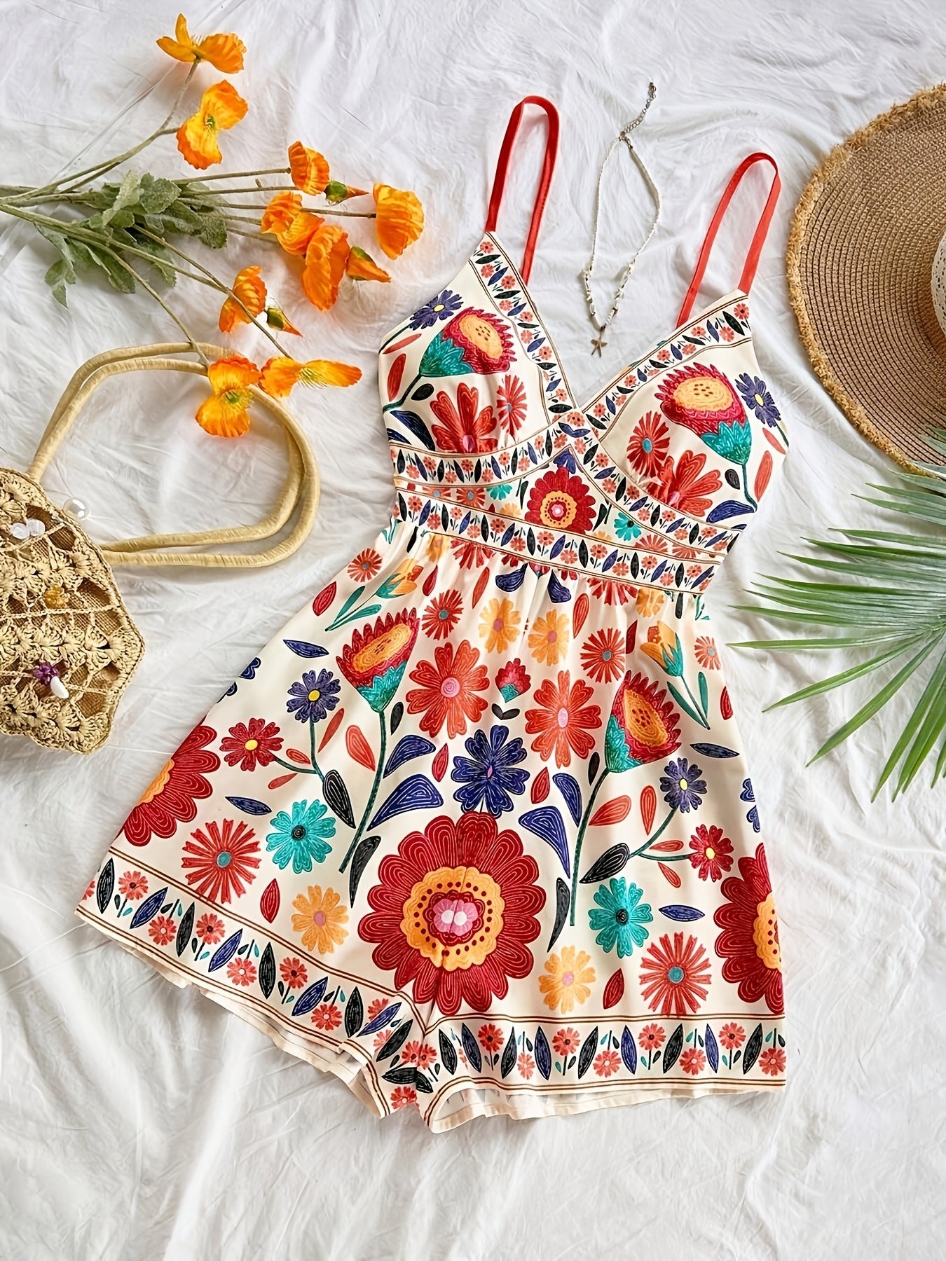 Damen Jumpsuit mit Blumendruck und Spaghettiträgern – Boho Style für Freizeit und Urlaub