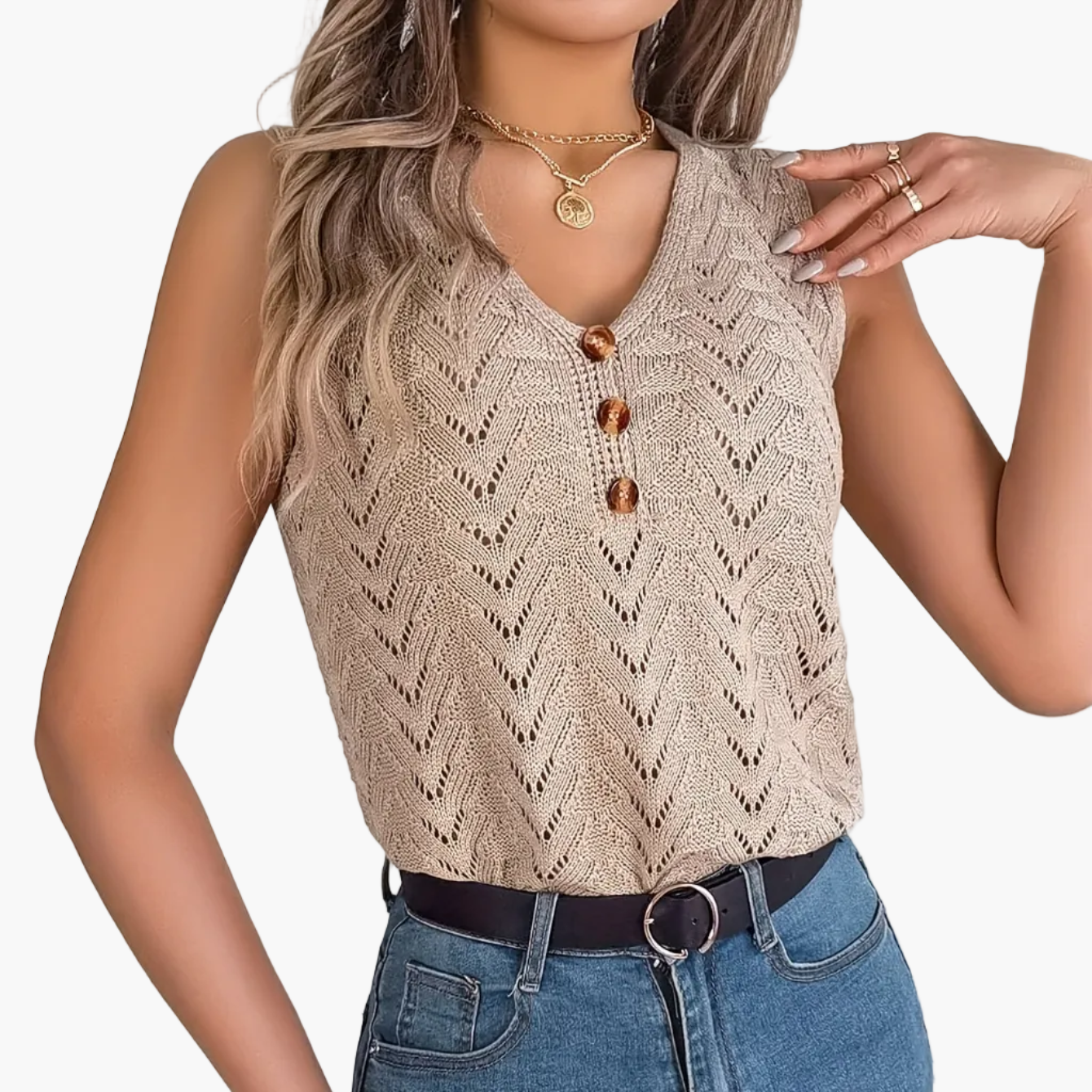 Damen Stricktop im Boho-Stil mit Knopfleiste – Perfekt für Freizeit & Urlaub
