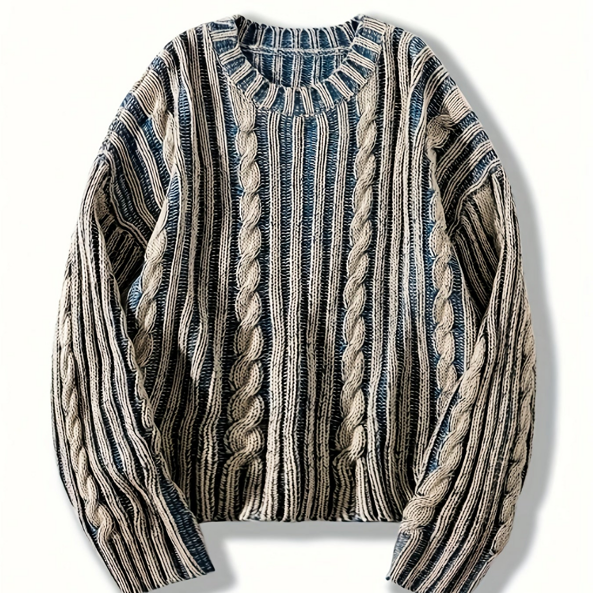 Unisex Strickpullover mit Zopfmuster und Streifen