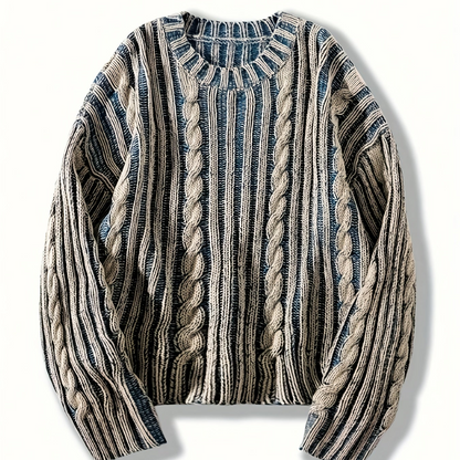 Unisex Strickpullover mit Zopfmuster und Streifen
