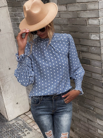Damen Bluse Punkte Hellblau Langarm Rüschenkragen