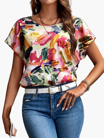 Damen Elegantes Kurzarm-Shirt mit künstlerischem Print – Perfekt für Alltag & Freizeit