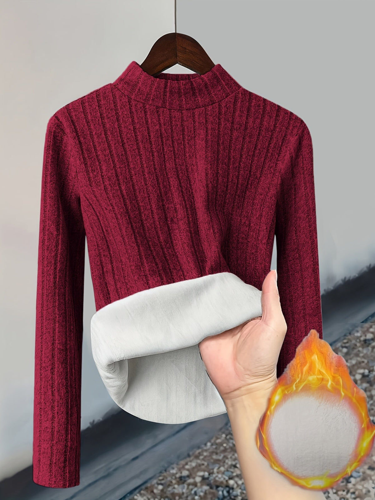 Damen Pullover Rippstrick Stehkragen Warme Fleecefütterung Langarm