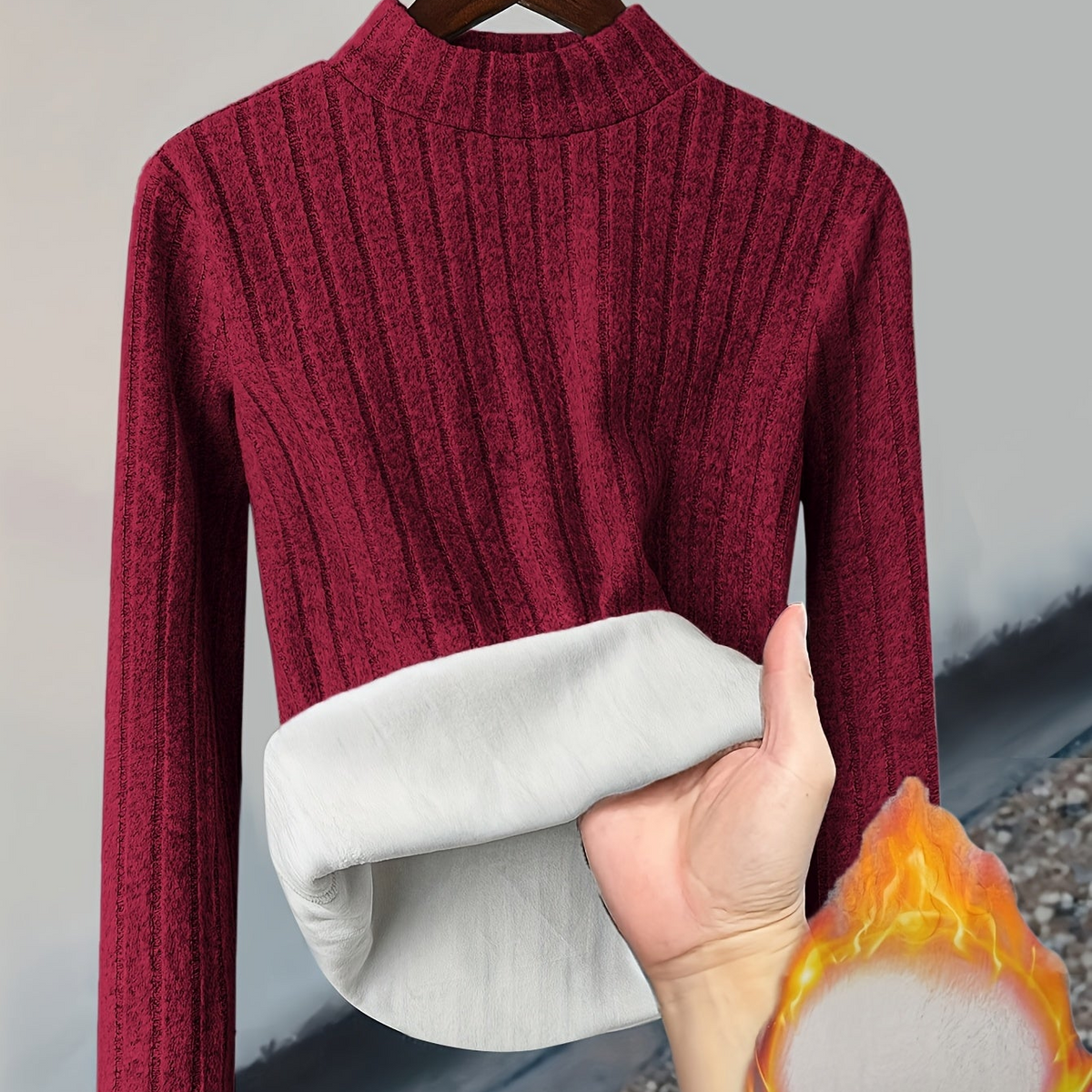 Damen Pullover Rippstrick Stehkragen Warme Fleecefütterung Langarm