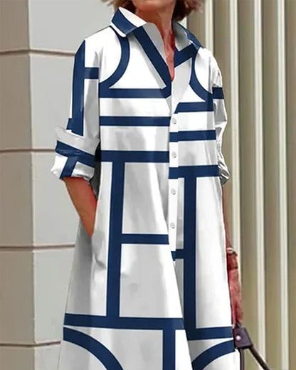 Damen Shirtkleid mit geometrischem Print und Taschen – Eleganter Freizeit- und Büro-Look