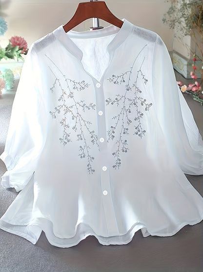 Damen Bluse Elegant Bestickt Locker Freizeit Büro Chic