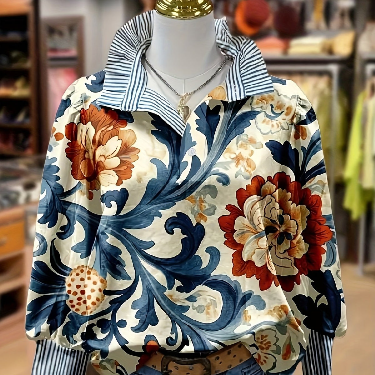 Damen Bluse Langarm Floral Gemustert Kragen Gestreift