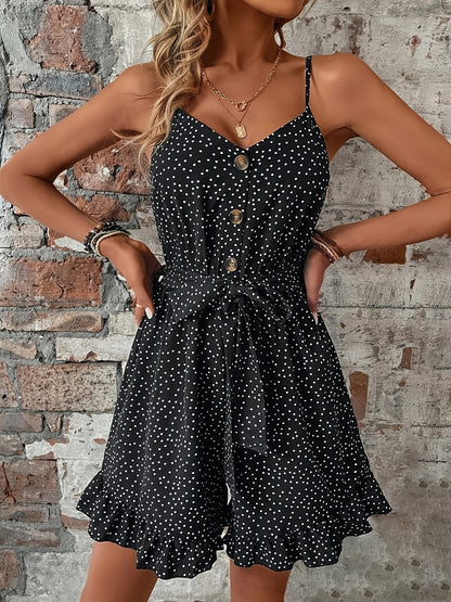 Damen Sommer Overall mit Punkten – Eleganter Jumpsuit mit Spaghettiträgern und Gürtel für Freizeit und Urlaub