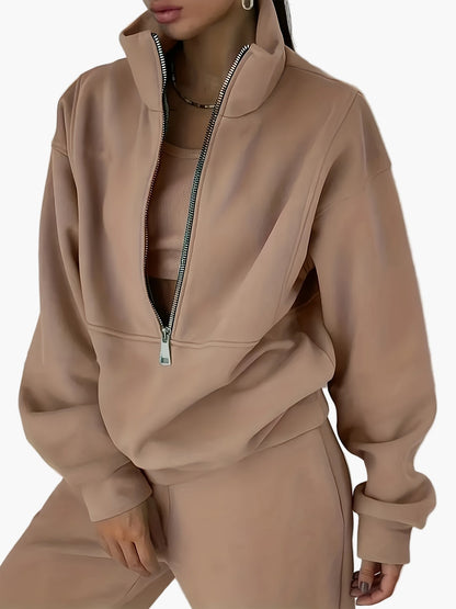 Damen Freizeit Zip Sweatshirt mit Stehkragen – Lässiger Herbst/Winter Pullover
