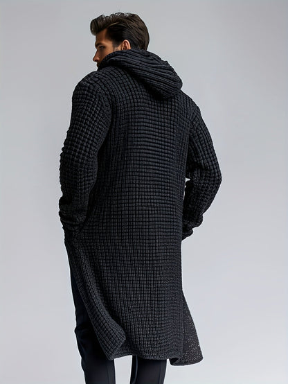 Herren Cardigan Lang Strickpullover Haussweater Dunkelgrau mit Kapuze