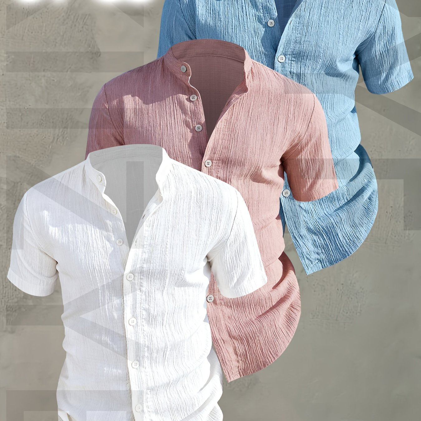 Herren 3er-Pack Stehkragen Hemden – Modischer Freizeit Look, Kurzarm, Knopfleiste