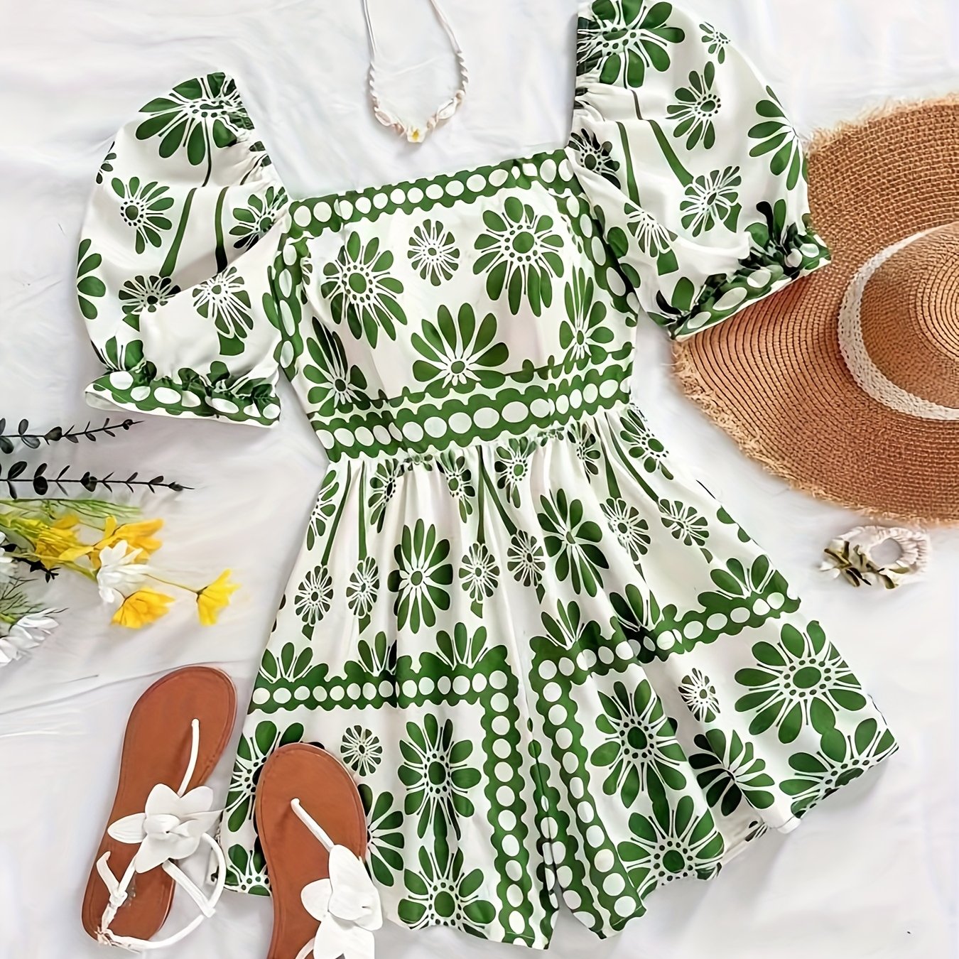 Damen Vintage-Jumpsuit mit Puffärmeln und Blumenmuster – Eleganter Einteiler für Sommer und Freizeit