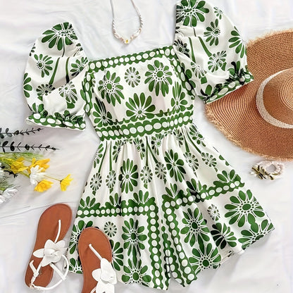 Damen Vintage-Jumpsuit mit Puffärmeln und Blumenmuster – Eleganter Einteiler für Sommer und Freizeit