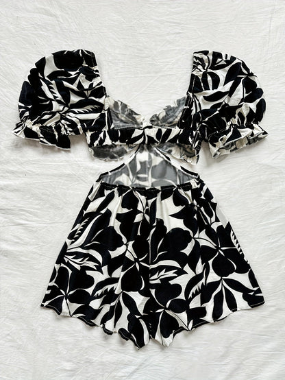 Damen Sommer Jumpsuit mit Tropenblatt-Print und Puffärmeln – Perfekt für Urlaub, Strand und Gartenparty