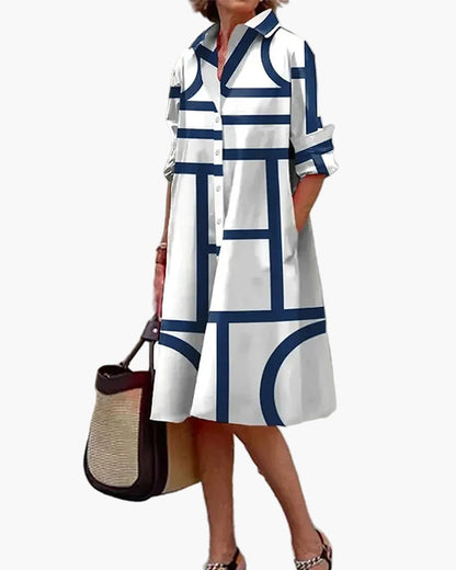 Damen Shirtkleid mit geometrischem Print und Taschen – Eleganter Freizeit- und Büro-Look