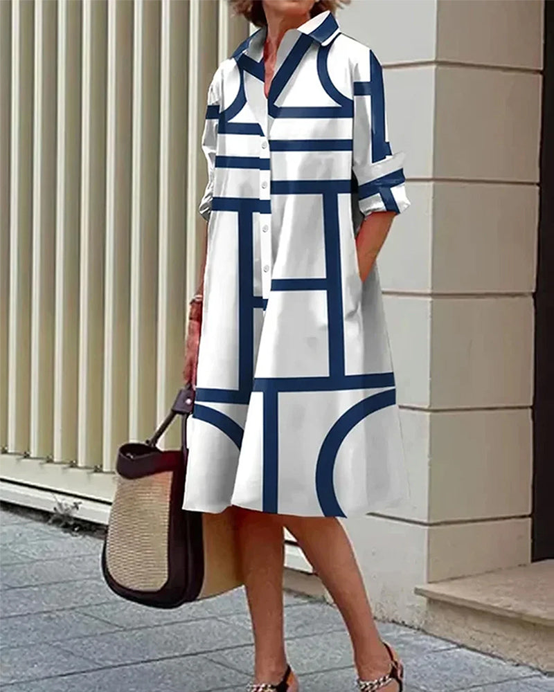 Damen Shirtkleid mit geometrischem Print und Taschen – Eleganter Freizeit- und Büro-Look
