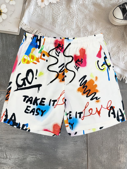 Herren Streetwear Shorts mit Graffiti-Print und Motivations-Sprüchen – Lässige Freizeithose für Alltag und Strand