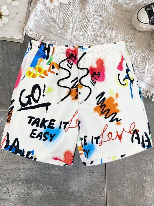 Herren Streetwear Shorts mit Graffiti-Print und Motivations-Sprüchen – Lässige Freizeithose für Alltag und Strand