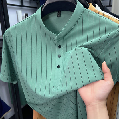 Herren Kurzarm-Hemd mit Stehkragen und Nadelstreifen – Modernes Freizeit- und Business-Outfit