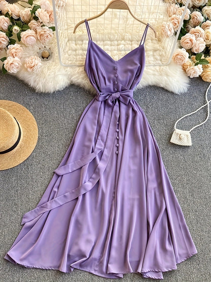 Damen Maxikleid mit Schleife und Spaghettiträgern – Elegantes Sommerkleid für festliche Anlässe
