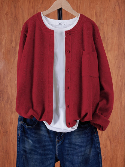 Damen Strick Cardigan Rundhals Langarm Strickjacke mit Knöpfen und Brusttasche