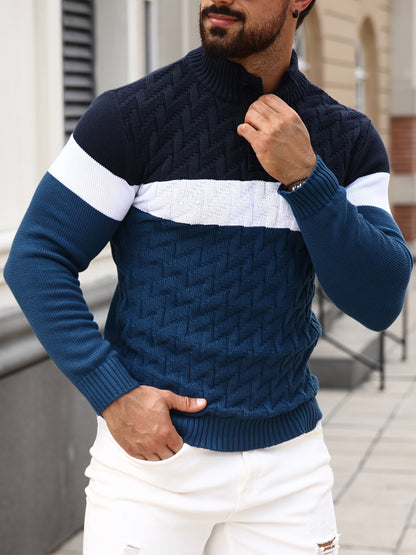 Herren Grobstrickpullover mit Stehkragen und Knopfleiste, mehrfarbig