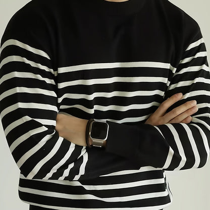 Herren Langarmshirt Gestreift Rundhals Casual Schwarz Weiß Blau