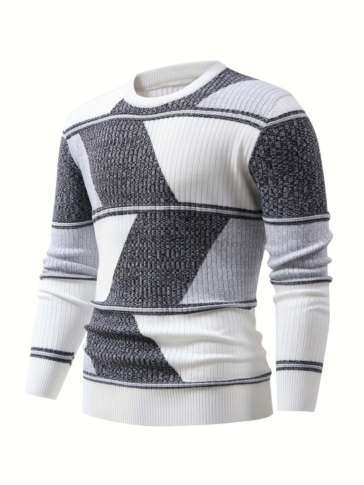 Herren Pullover Langarm Gerippt mit Geometrischem Muster Schwarz Weiß
