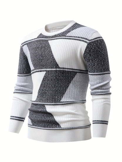 Herren Pullover Langarm Gerippt mit Geometrischem Muster Schwarz Weiß
