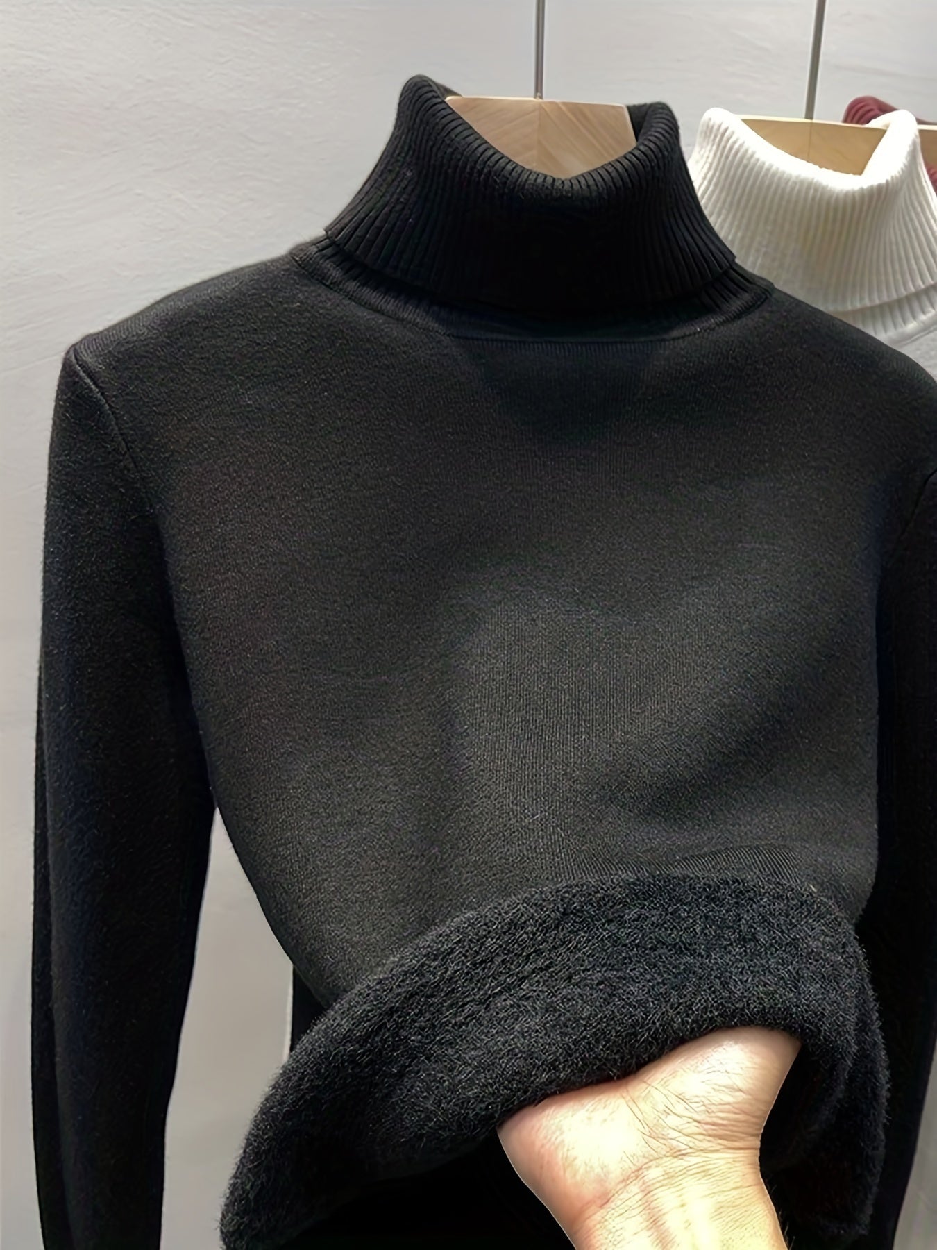 Damen Rollkragenpullover mit Plüschfutter – warm, Langarm