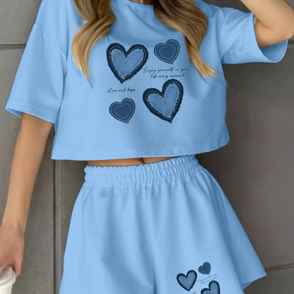 Damen Pyjama-Set mit blauen Herz-Prints – Loungewear im modernen Stil für Zuhause