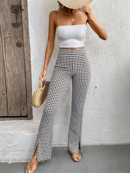 Damen Elegante Hahnentritt Schlaghose mit Schlitz für Freizeit und Ausgehen