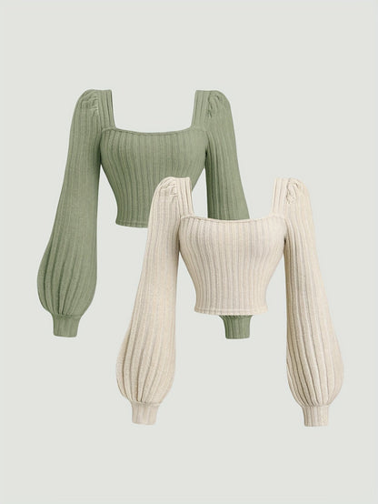 Geripptes Crop-Top Damen mit Puffärmeln & eckigem Ausschnitt