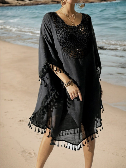 Damen Strand Kaftan Poncho mit Häkel-Details und Fransen – Eleganter Badeüberwurf