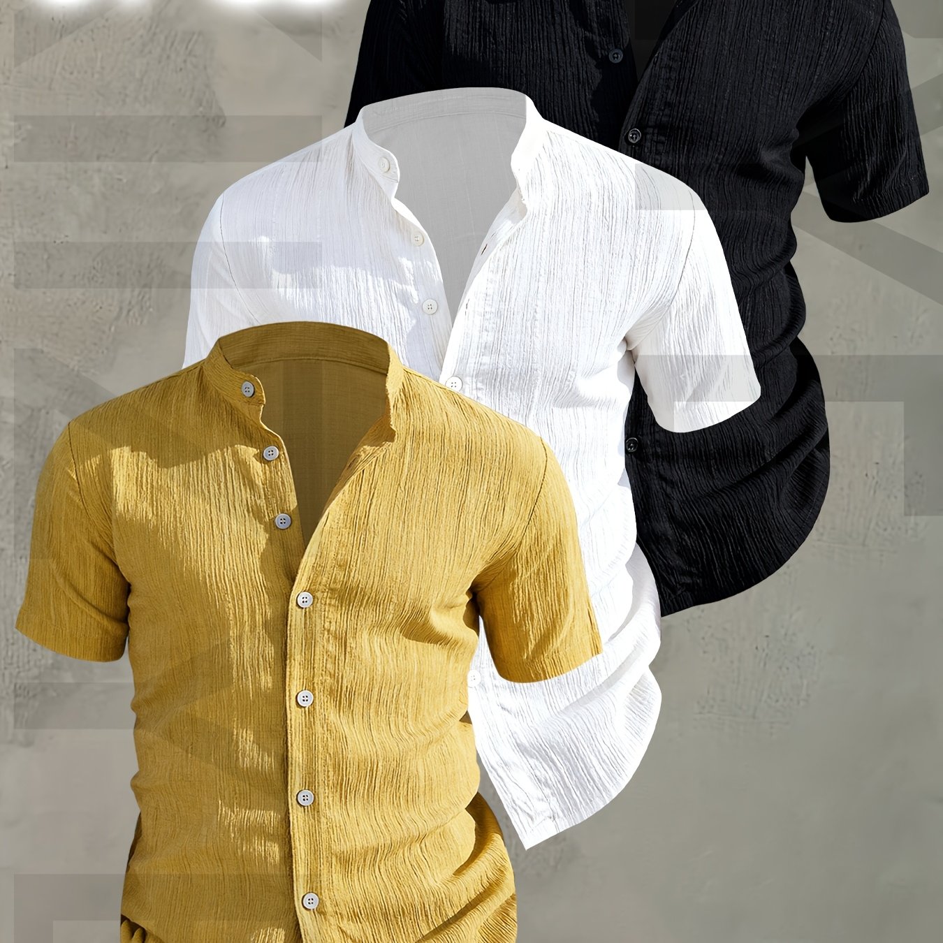 Herren 3er-Pack Stehkragen Hemden – Modischer Freizeit Look, Kurzarm, Knopfleiste