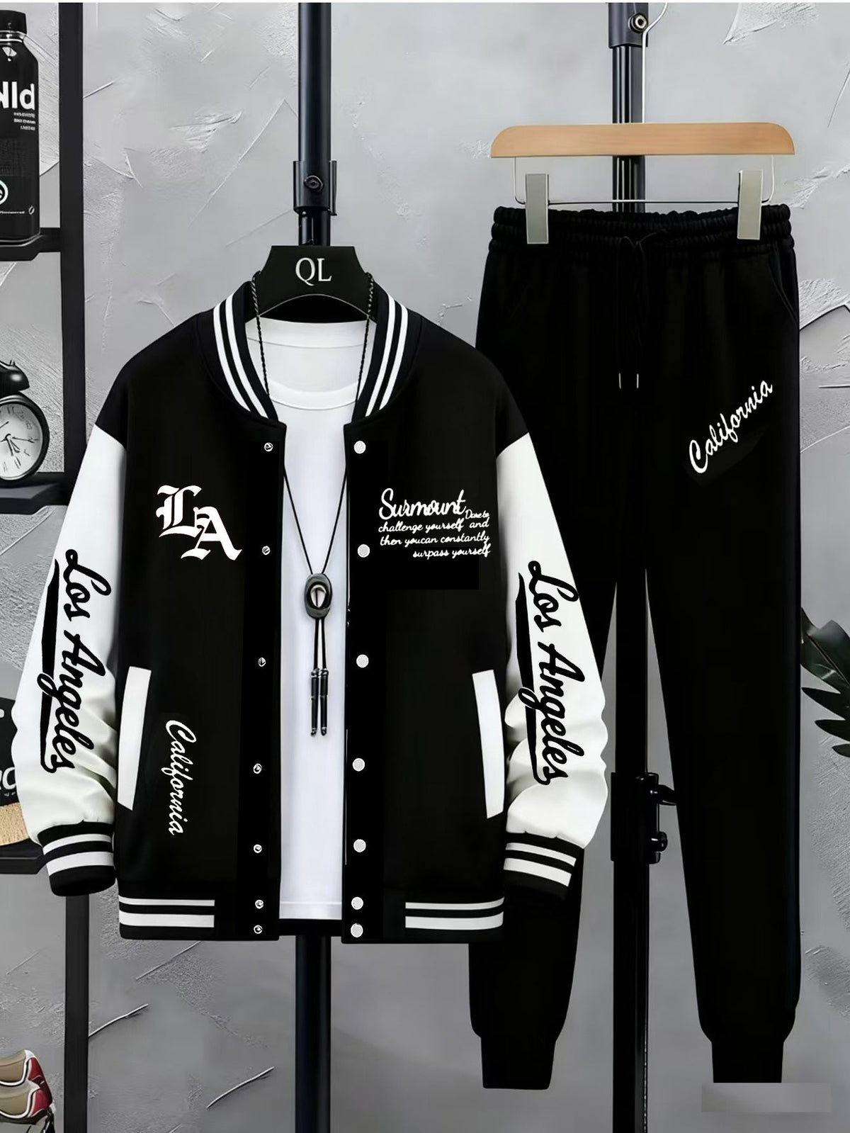 Baseballjacke und Trainingshose Set für Herren - Sportanzug mit "Los Angeles" Schriftzug