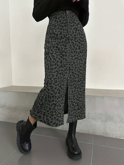 Damen Midi Rock mit Leopardenmuster und Schlitz, Rippstruktur